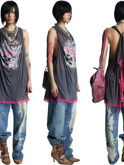 NONAME SPACE Sheer Draped Neck Printed A Line Narrow Strap Women&