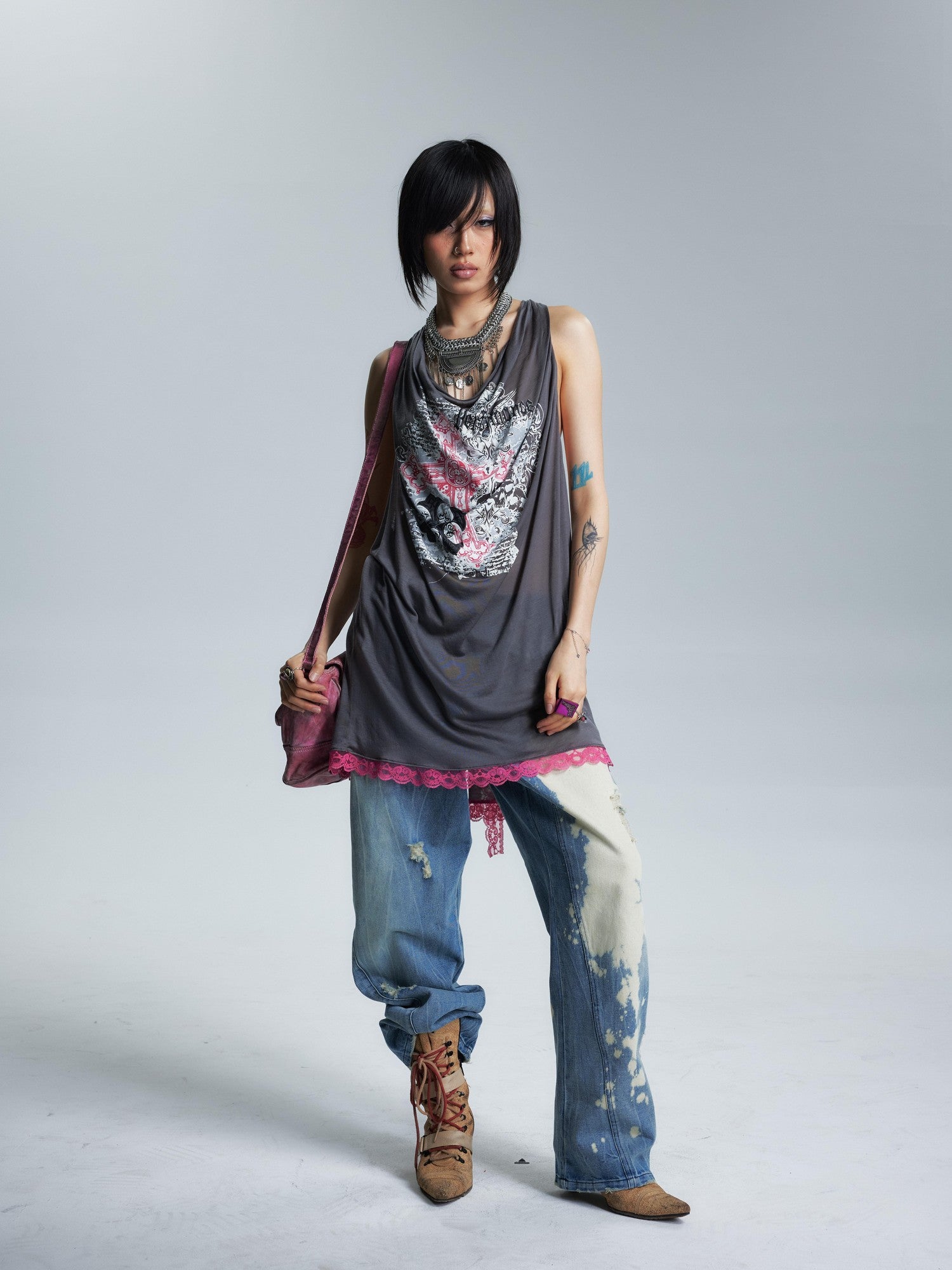 NONAME SPACE Sheer Draped Neck Printed A Line Narrow Strap Women&