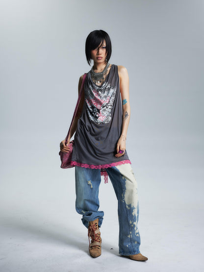NONAME SPACE Sheer Draped Neck Printed A Line Narrow Strap Women&