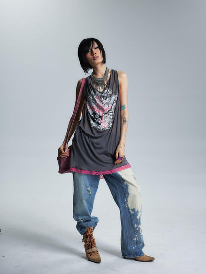 NONAME SPACE Sheer Draped Neck Printed A Line Narrow Strap Women&