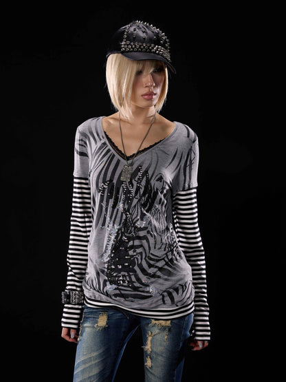 NONAME_SPACE_Stretch_Faux_Layered_Print_Embroidered_V-neck_Lace_Pleated_Women&