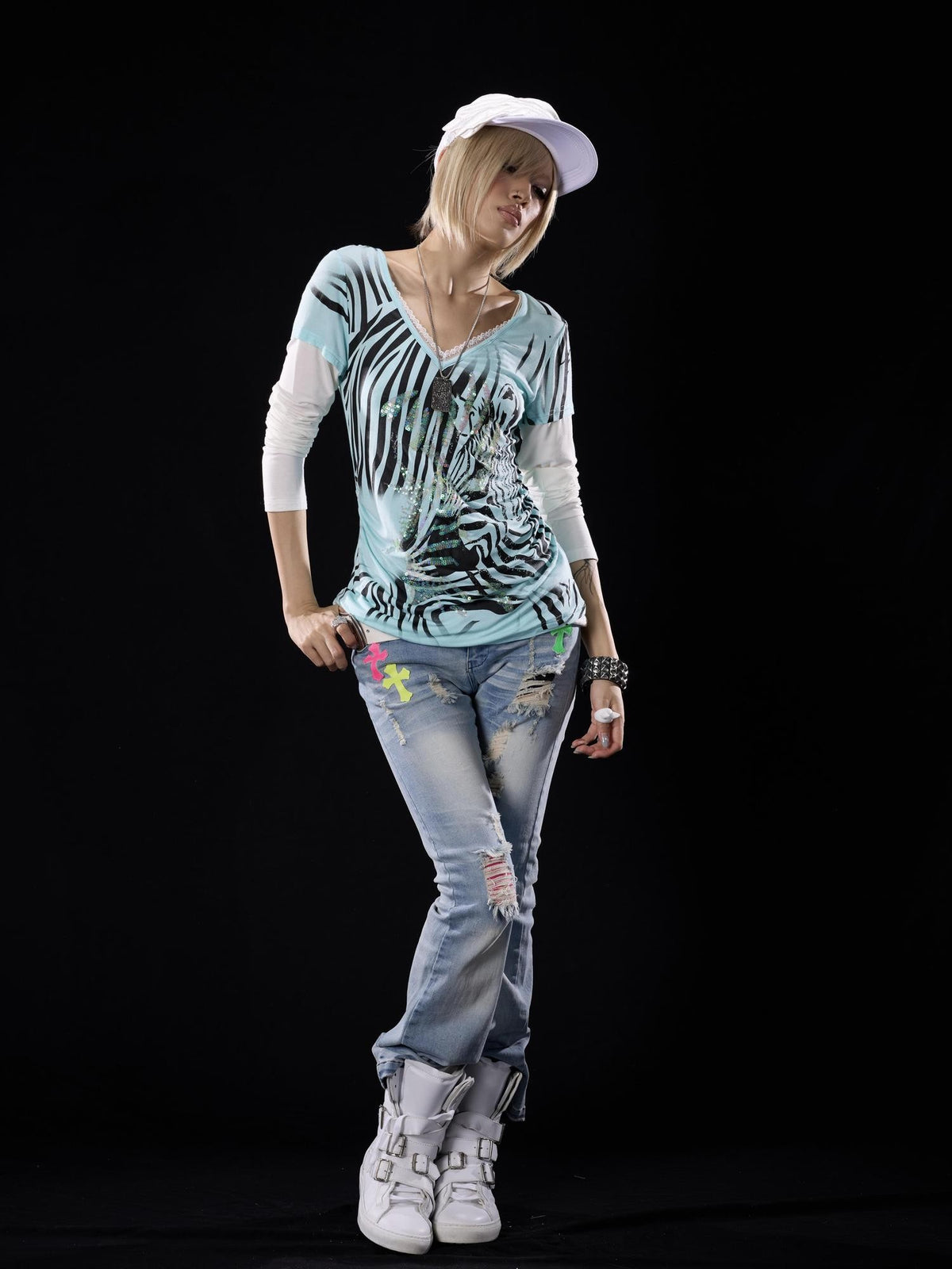 NONAME SPACE Stretch Faux Layered Print Embroidered V-neck Lace Pleated Women&