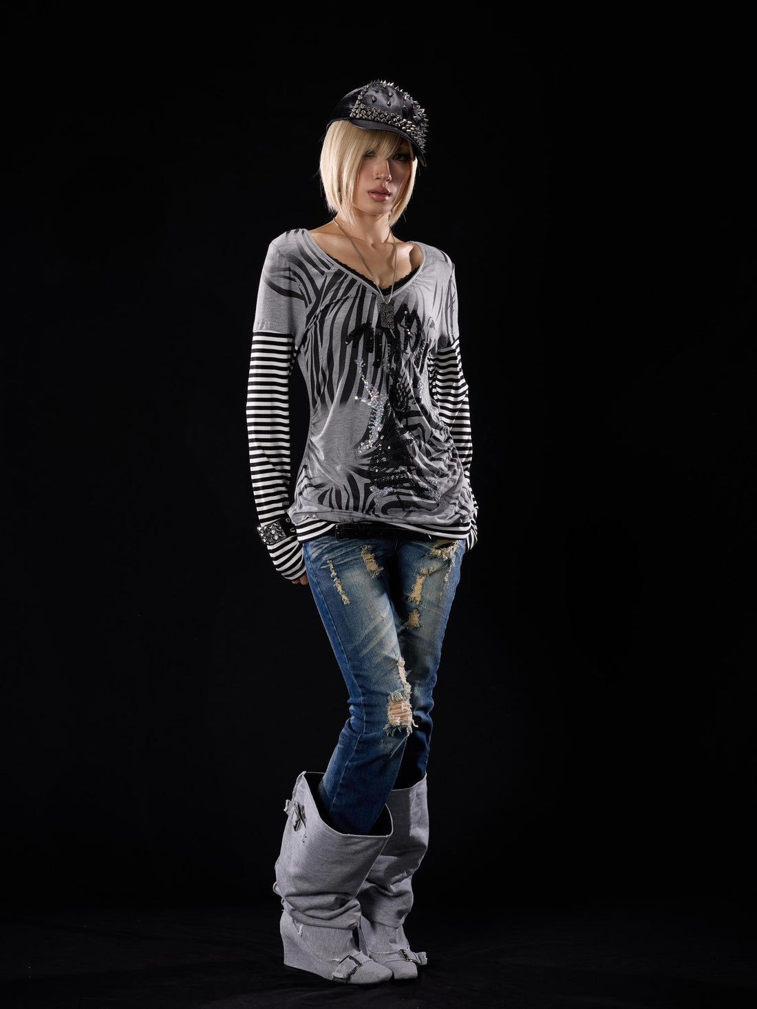 NONAME SPACE Stretch Faux Layered Print Embroidered V-neck Lace Pleated Women&