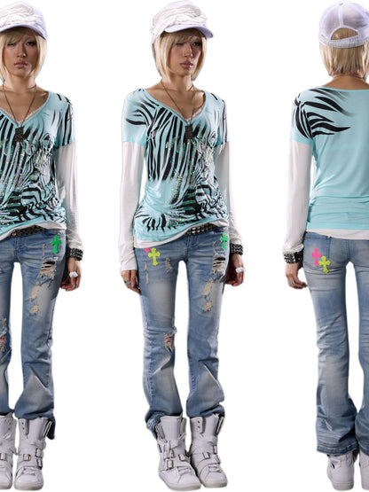 NONAME SPACE Stretch Faux Layered Print Embroidered V-neck Lace Pleated Women&