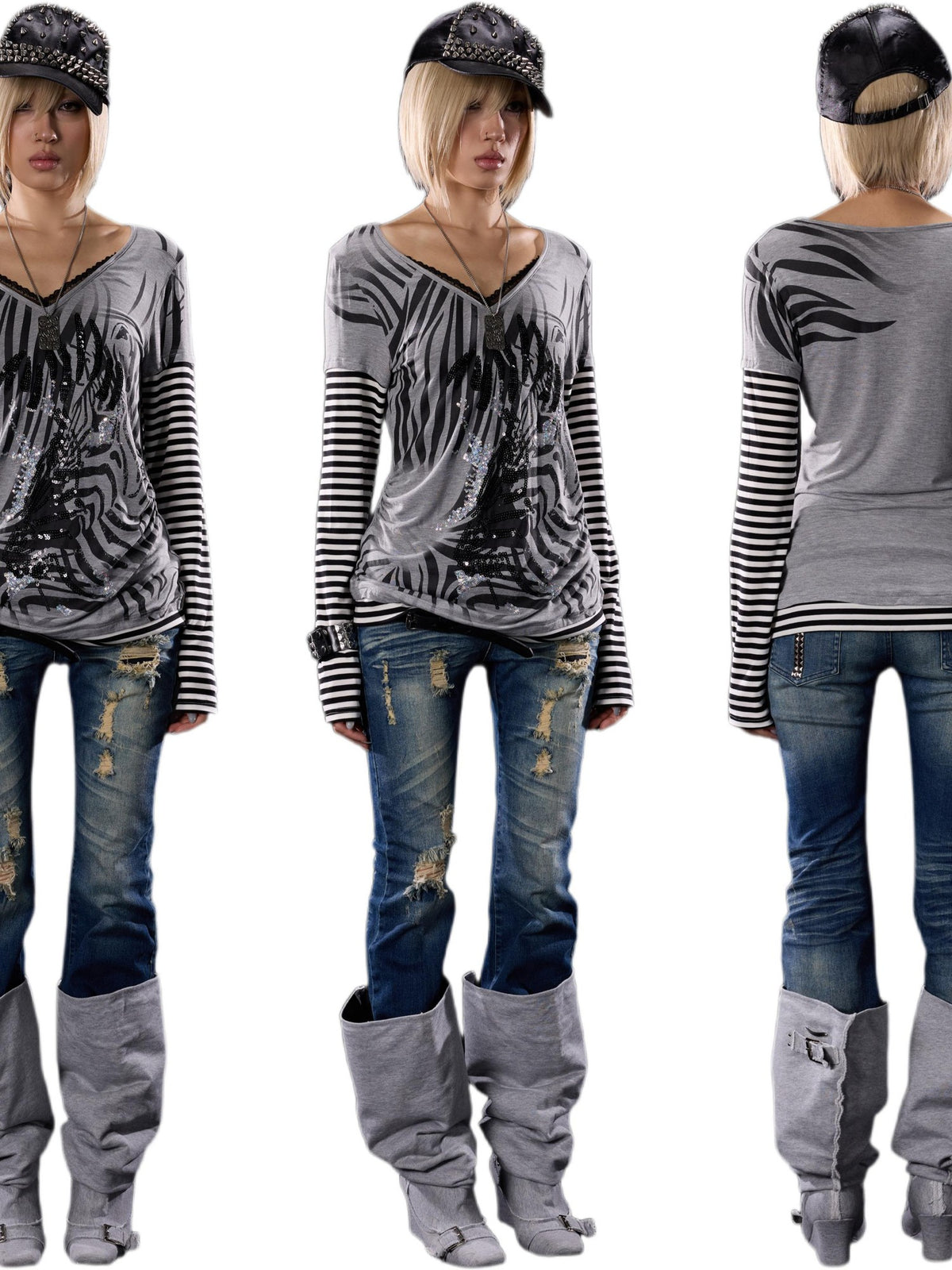 NONAME SPACE Stretch Faux Layered Print Embroidered V-neck Lace Pleated Women&