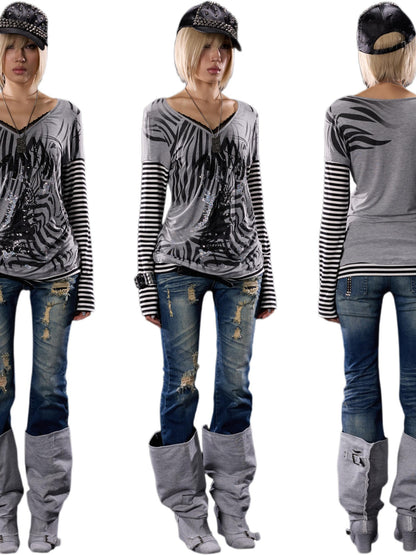 NONAME SPACE Stretch Faux Layered Print Embroidered V-neck Lace Pleated Women&