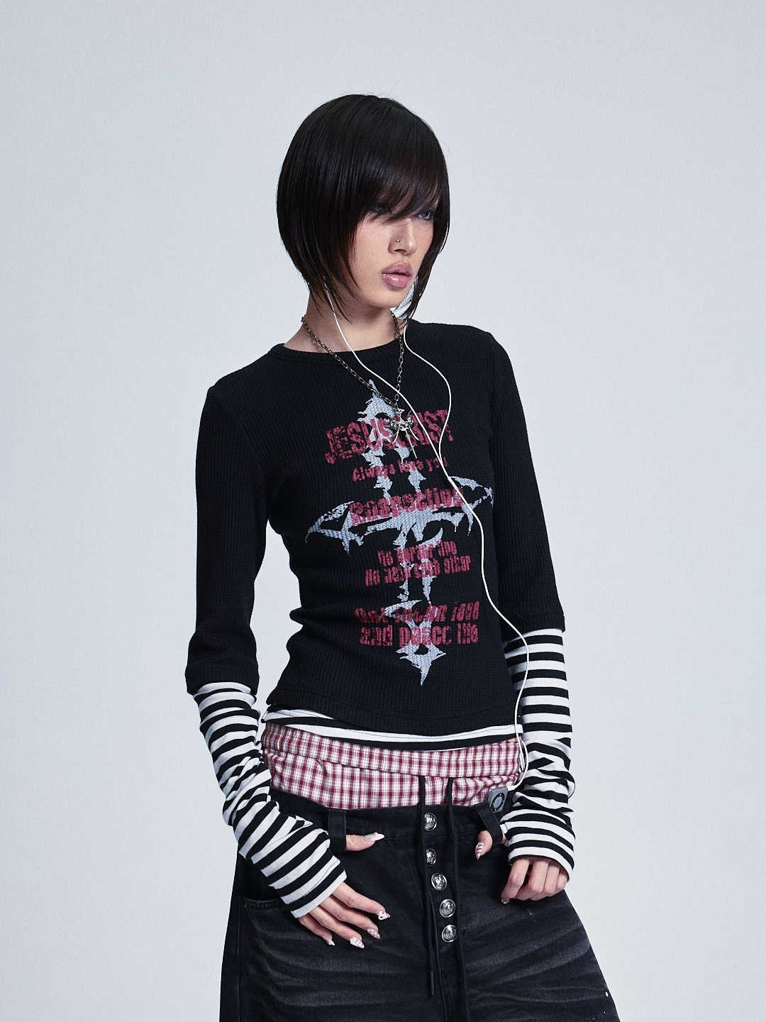 NONAME_SPACE_Striped_Patchwork_Cross_Print_Faux_Layer_Women&