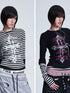 NONAME SPACE Striped Patchwork Cross Print Faux Layer Women&