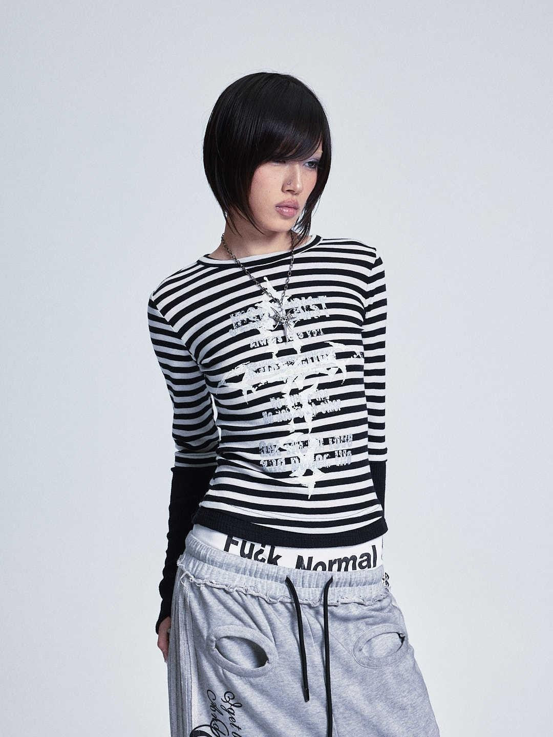 NONAME SPACE Striped Patchwork Cross Print Faux Layer Women&
