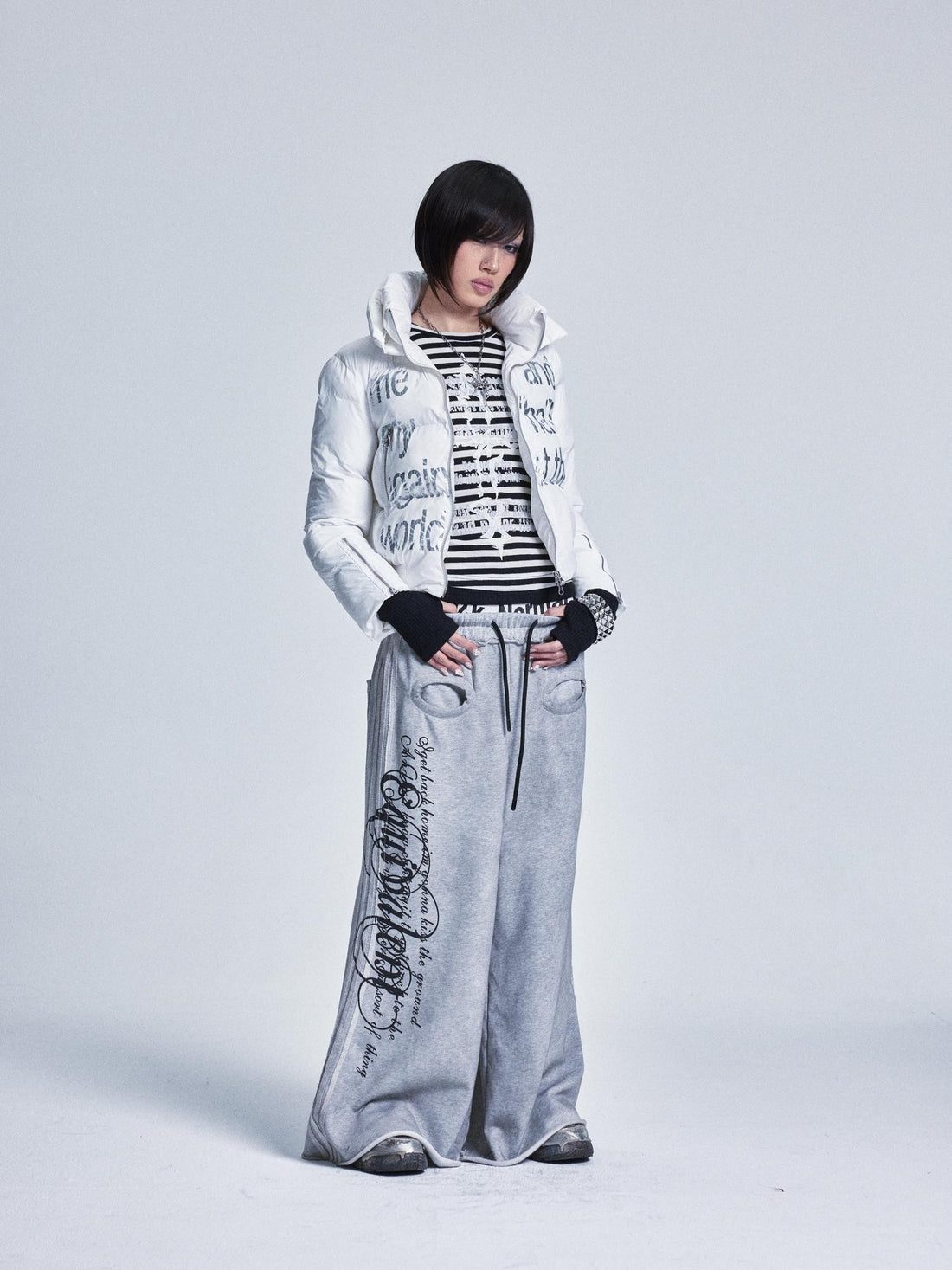NONAME SPACE Striped Patchwork Cross Print Faux Layer Women&