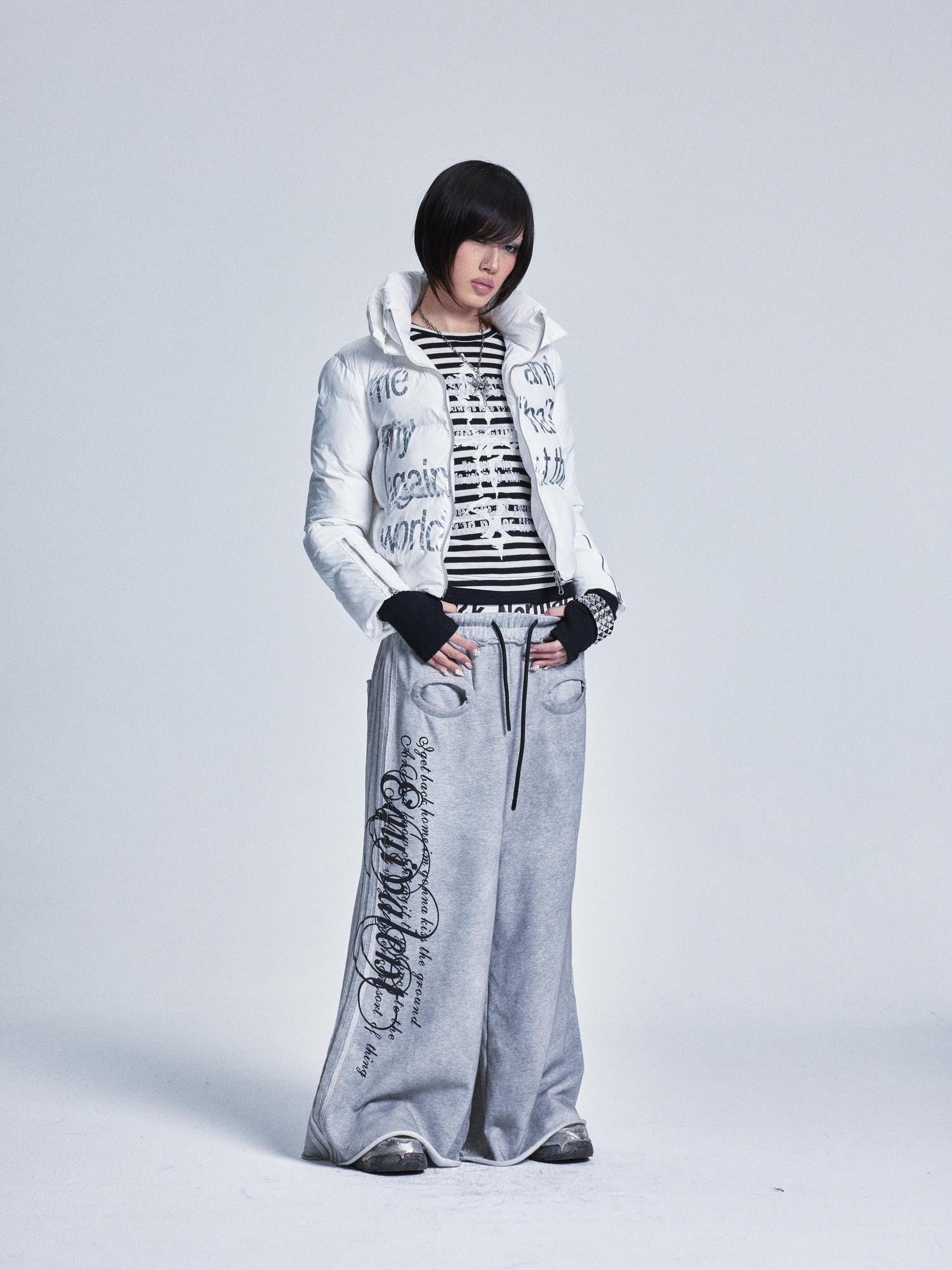 NONAME SPACE Striped Patchwork Cross Print Faux Layer Women&