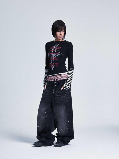 NONAME SPACE Striped Patchwork Cross Print Faux Layer Women&