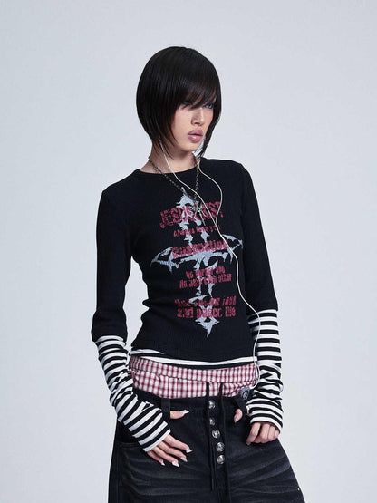 NONAME SPACE Striped Patchwork Cross Print Faux Layer Women&
