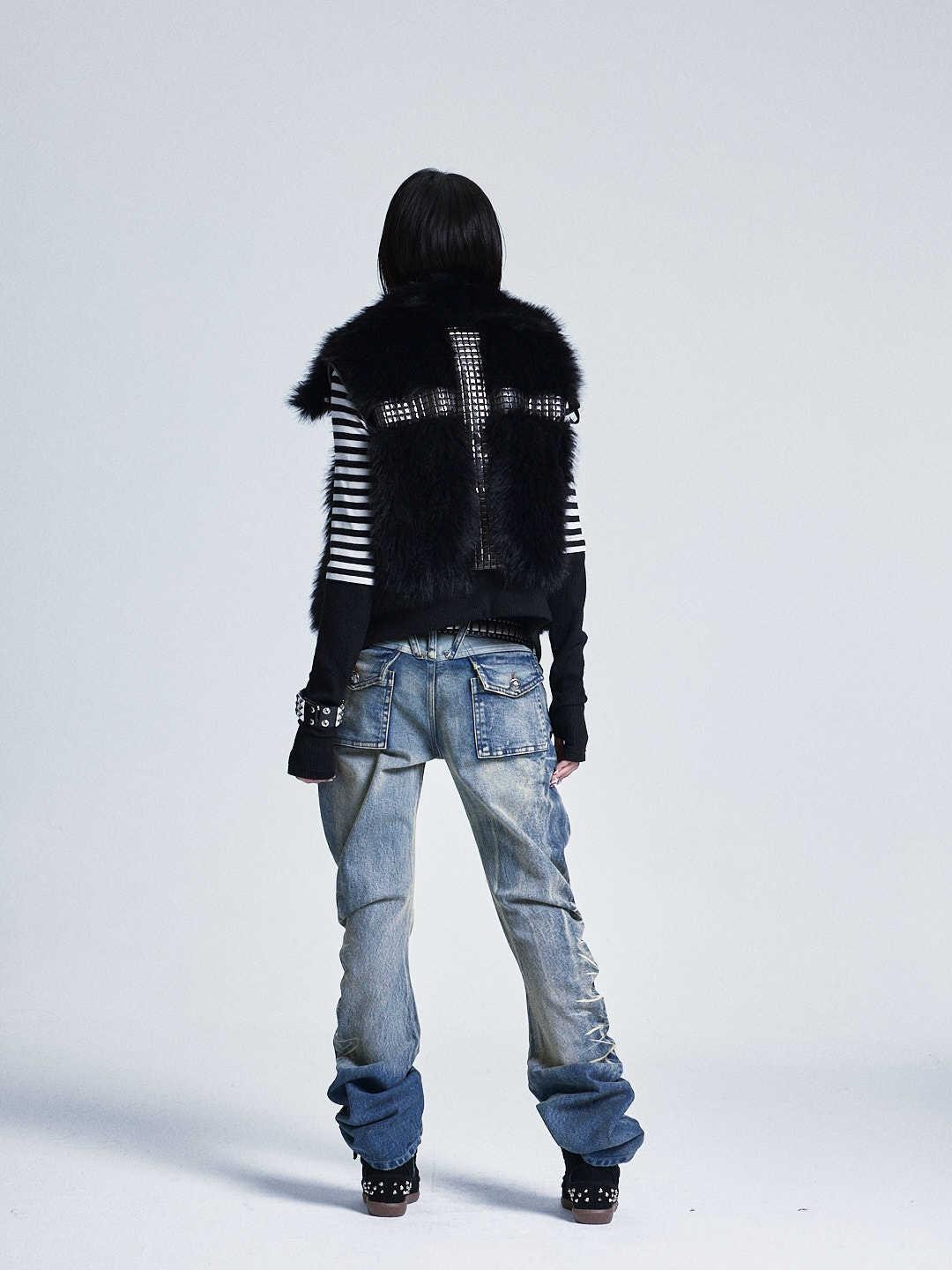 NONAME SPACE Striped Patchwork Cross Print Faux Layer Women&