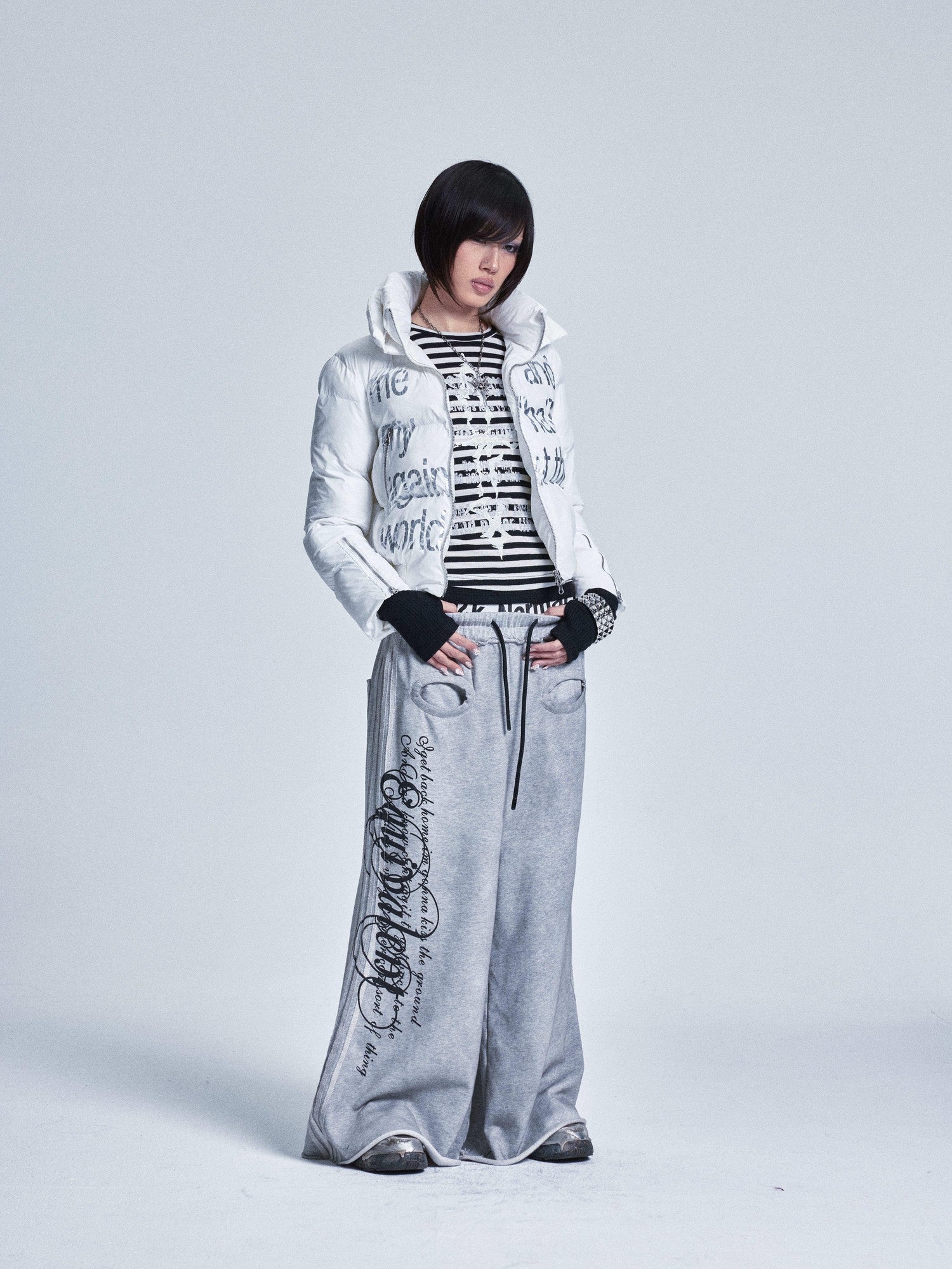 NONAME SPACE Striped Patchwork Cross Print Faux Layer Women&