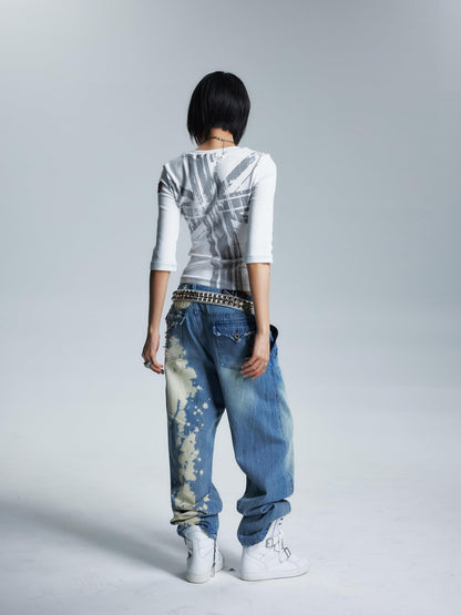 NONAME SPACE Topstitched Asymmetric Neck Applique Slim Women&