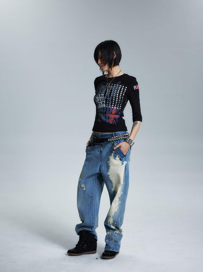 NONAME SPACE Topstitched Asymmetric Neck Applique Slim Women&