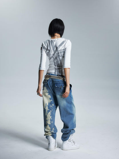 NONAME SPACE Topstitched Asymmetric Neck Applique Slim Women&
