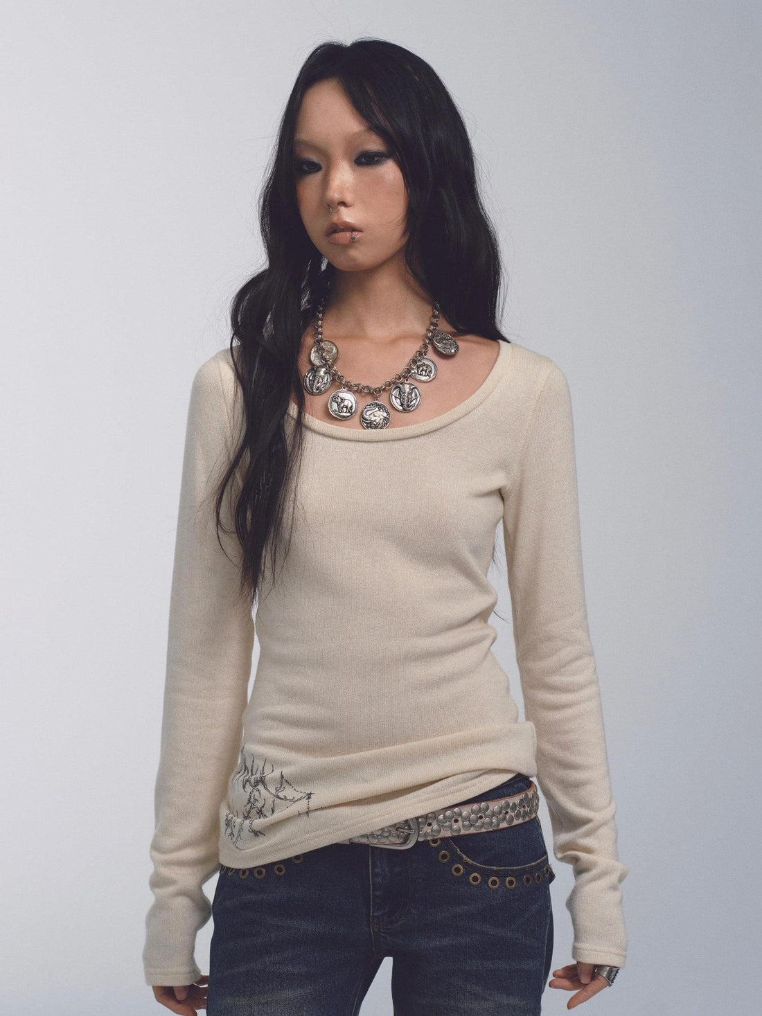 NONAME SPACE Tricolor Printed Slim Fit Lightweight Knit Women&
