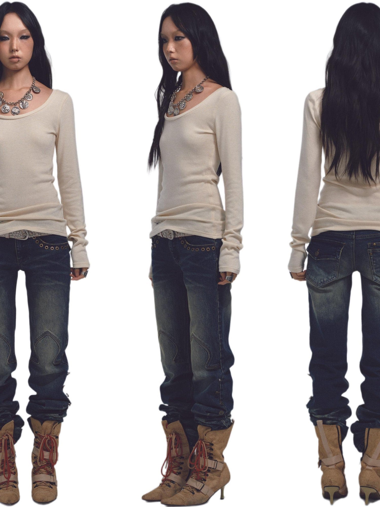 NONAME SPACE Tricolor Printed Slim Fit Lightweight Knit Women&