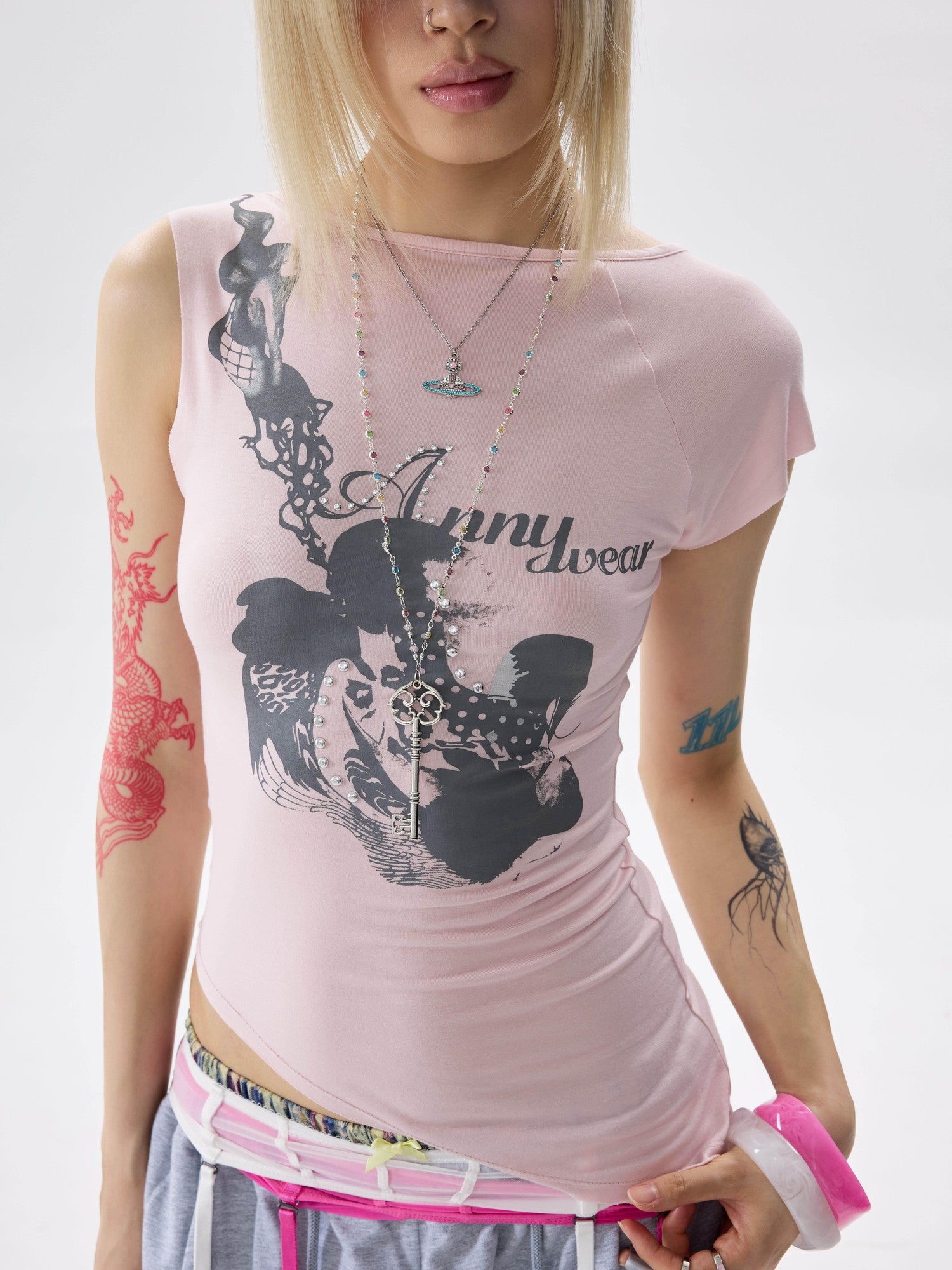 NONAME SPACE Two Tone Asymmetric Print Rhinestone Slim Women&