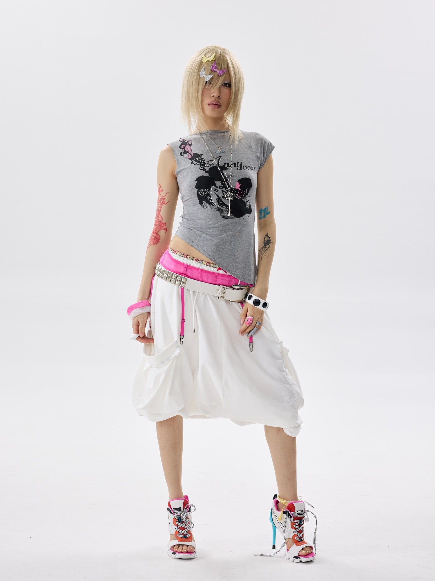 NONAME SPACE Two Tone Asymmetric Print Rhinestone Slim Women&