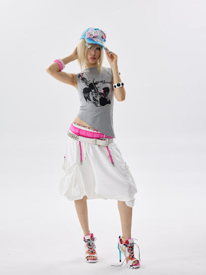NONAME SPACE Two Tone Asymmetric Print Rhinestone Slim Women&