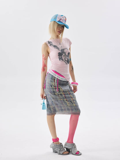 NONAME SPACE Two Tone Asymmetric Print Rhinestone Slim Women&