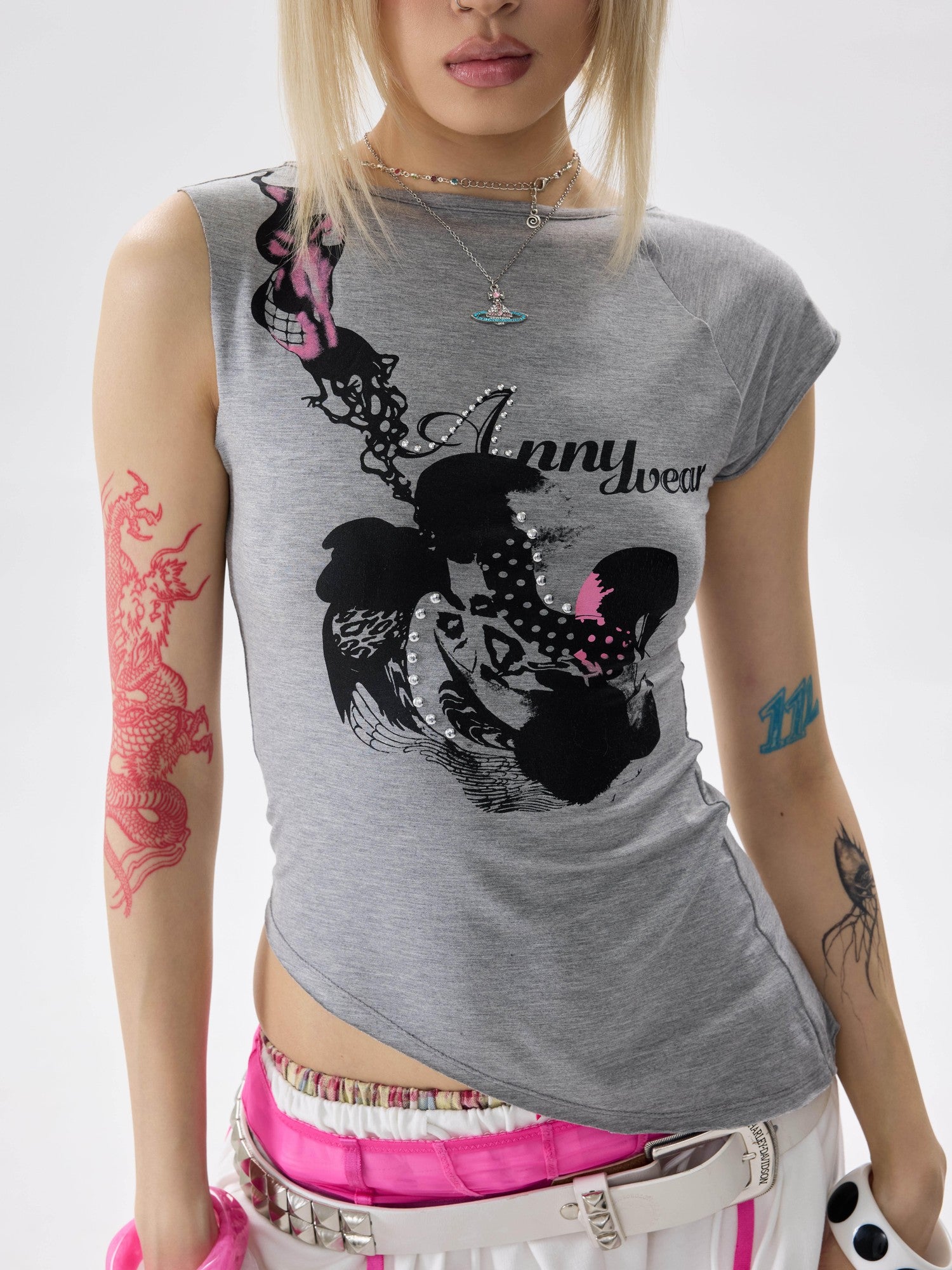 NONAME SPACE Two Tone Asymmetric Print Rhinestone Slim Women&