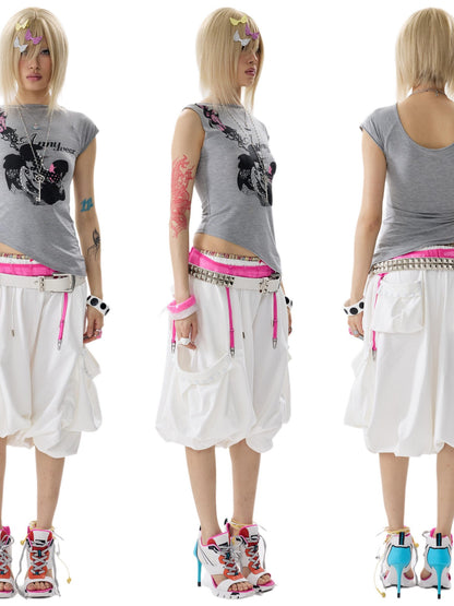 NONAME SPACE Two Tone Asymmetric Print Rhinestone Slim Women&