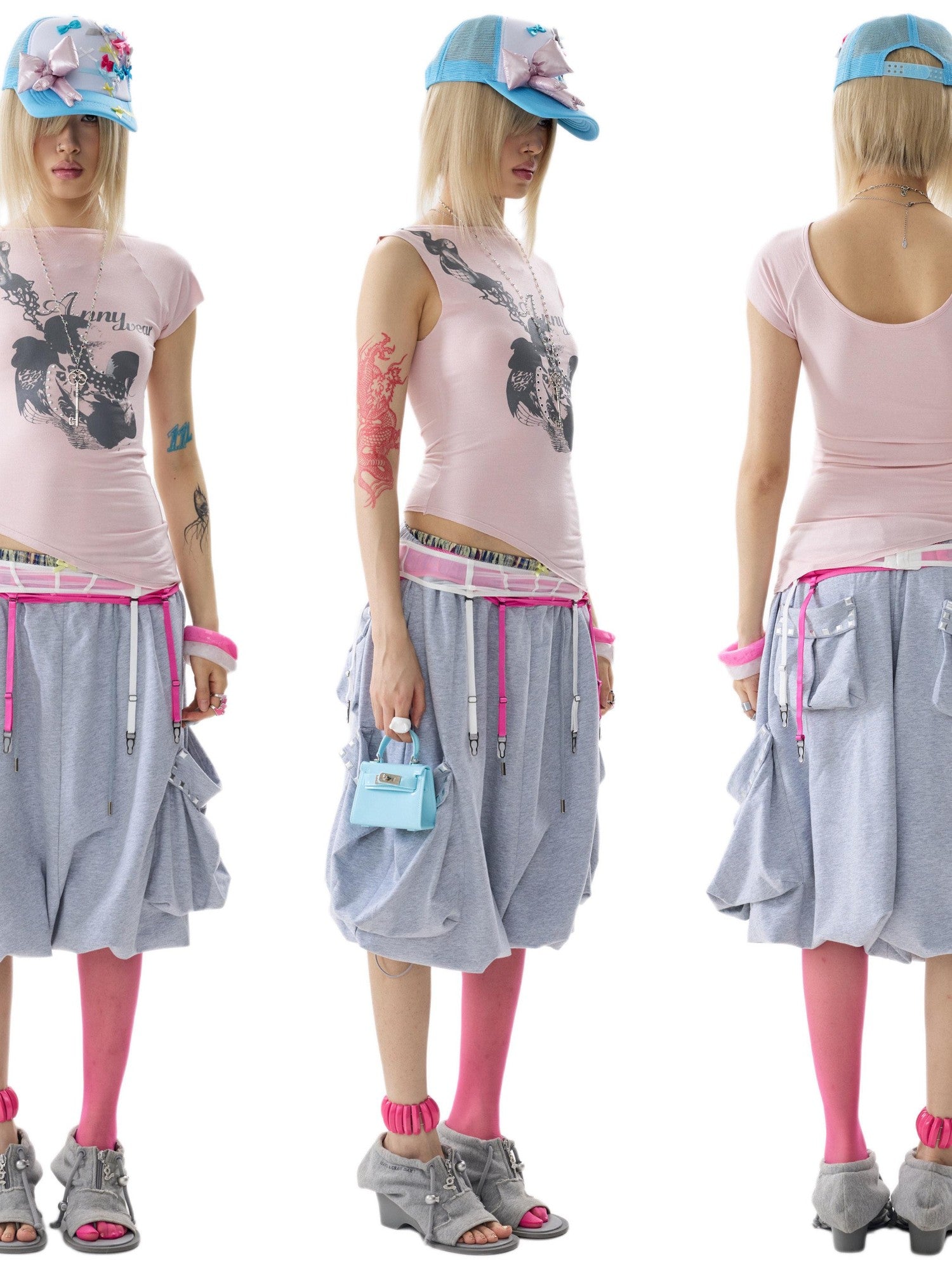 NONAME SPACE Two Tone Asymmetric Print Rhinestone Slim Women&