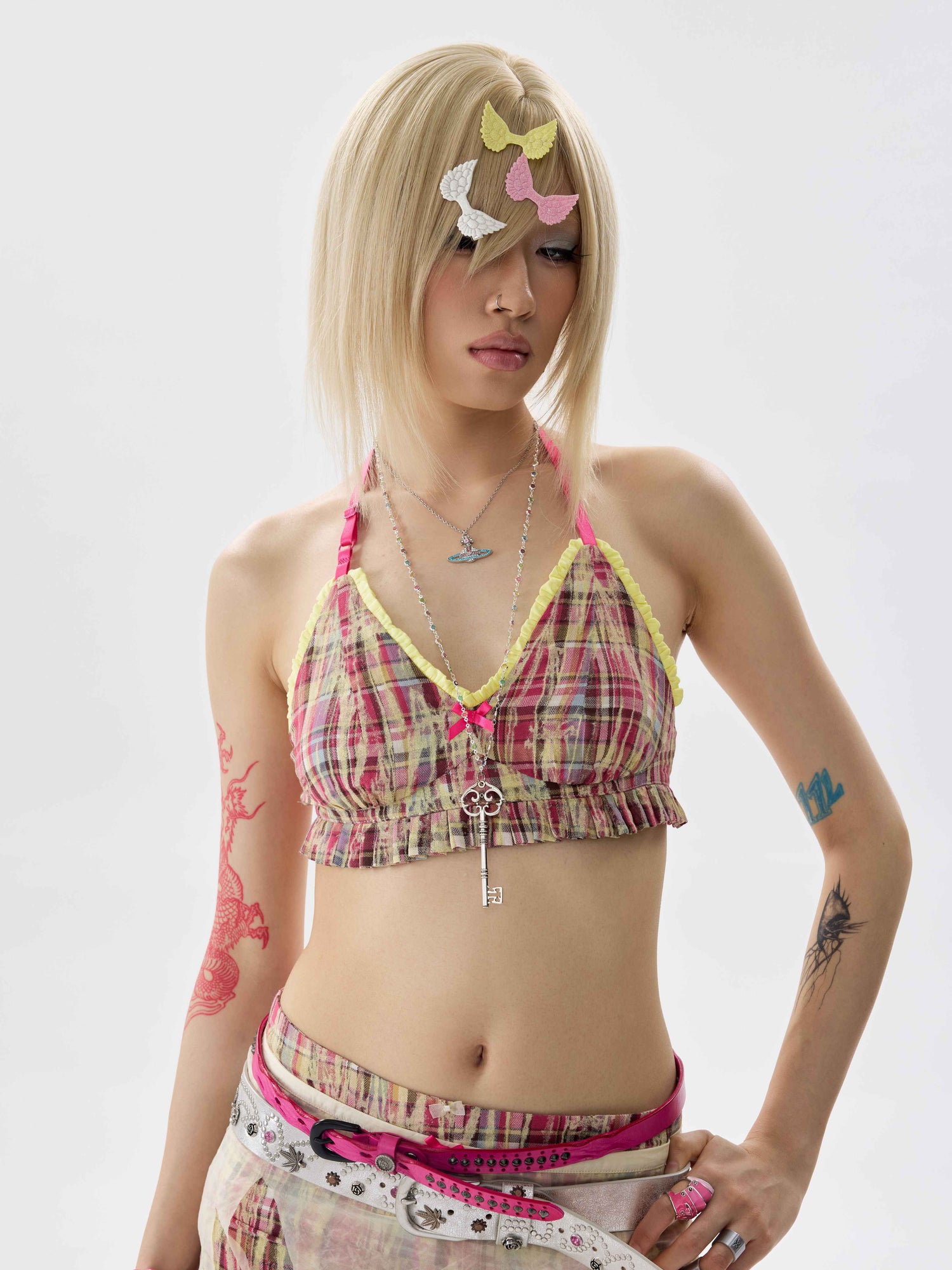 NONAME_SPACE_Two_Tone_Checkered_Pleated_Ruffle_Adjustable_Halter_Women&