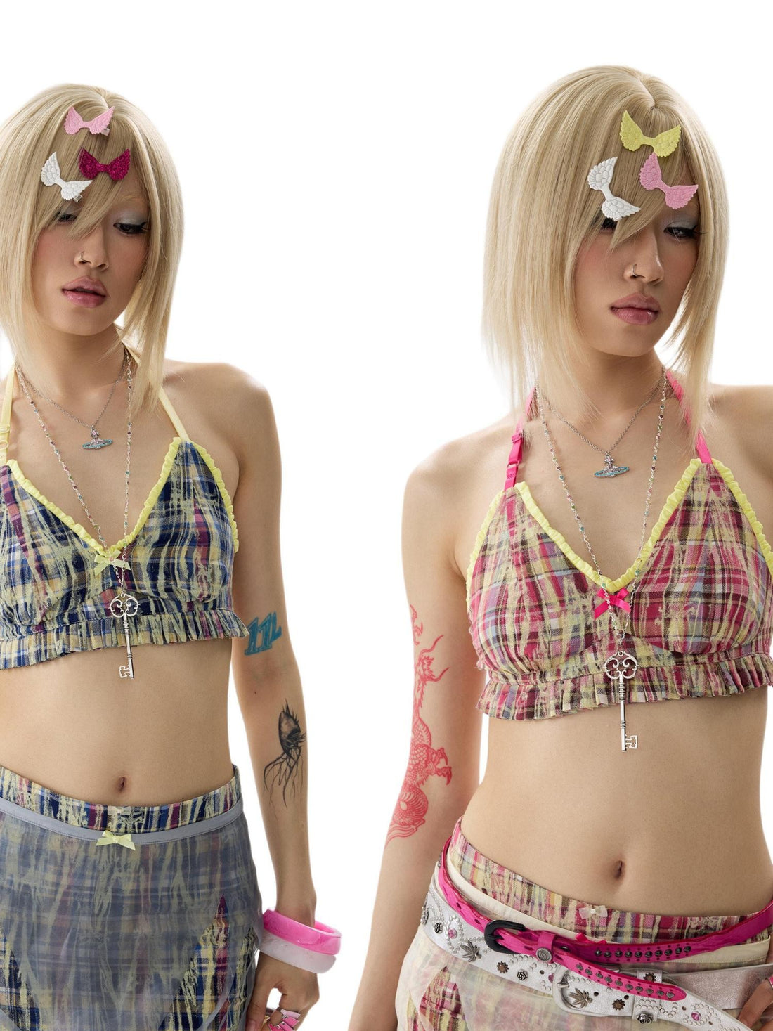 NONAME SPACE Two Tone Checkered Pleated Ruffle Adjustable Halter Women&