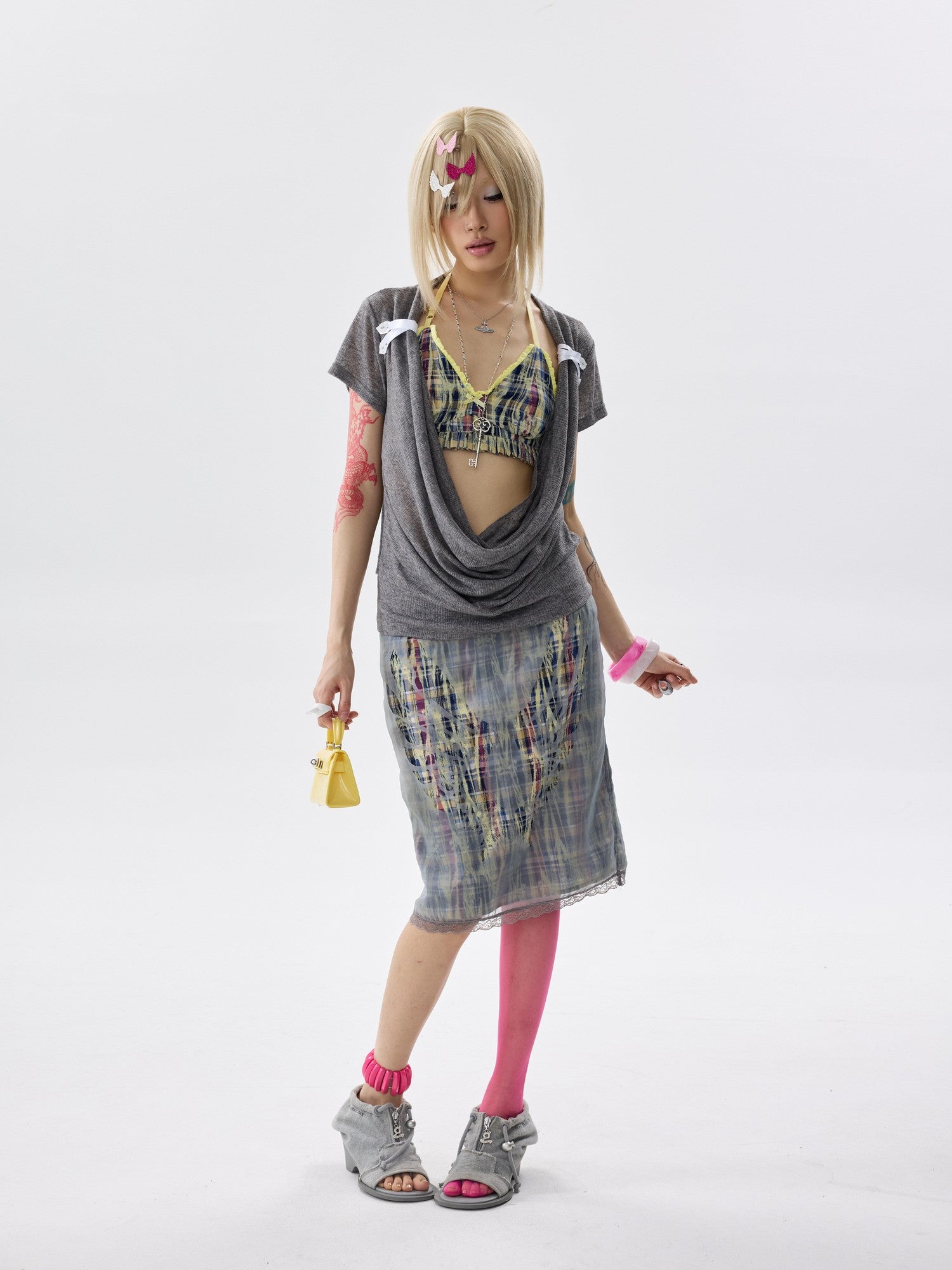 NONAME SPACE Two Tone Checkered Pleated Ruffle Adjustable Halter Women&