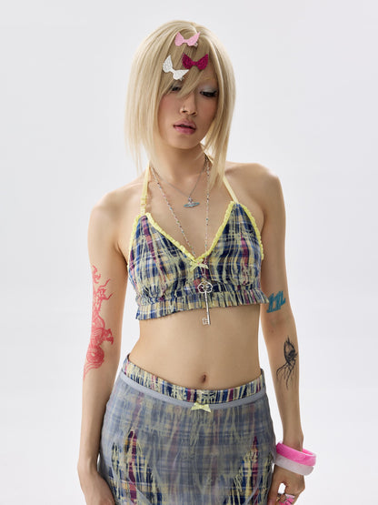 NONAME SPACE Two Tone Checkered Pleated Ruffle Adjustable Halter Women&