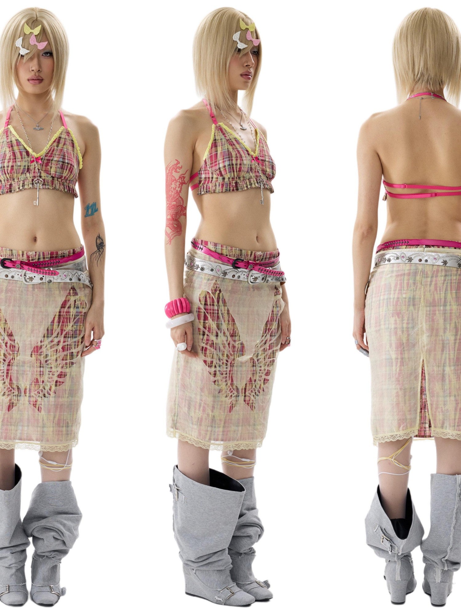 NONAME SPACE Two Tone Checkered Pleated Ruffle Adjustable Halter Women&