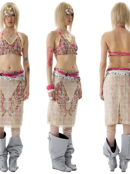 NONAME SPACE Two Tone Checkered Pleated Ruffle Adjustable Halter Women&