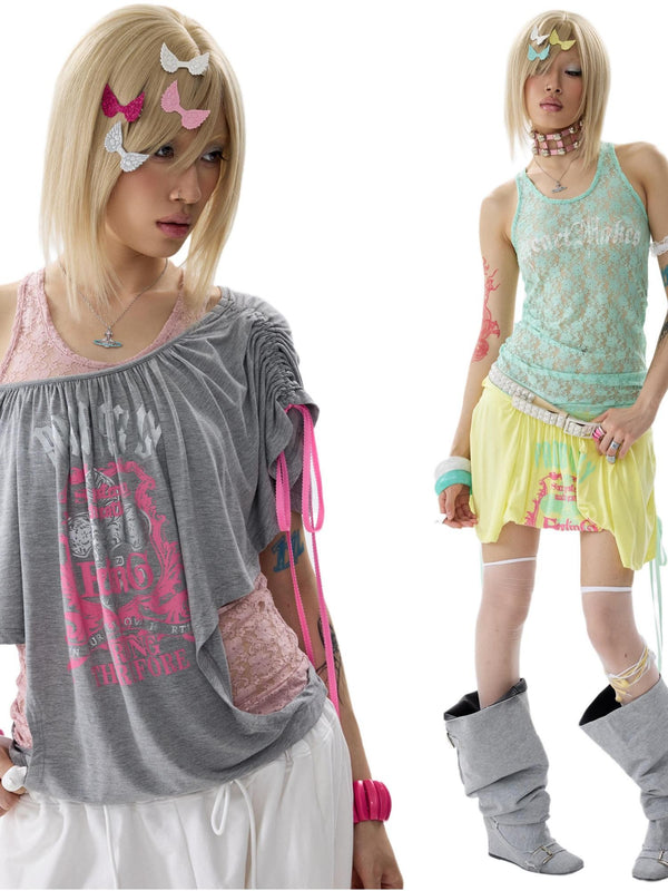 Two Tone Loose Layered One Shoulder Print Short Sleeve Women's Cotton Camisoles