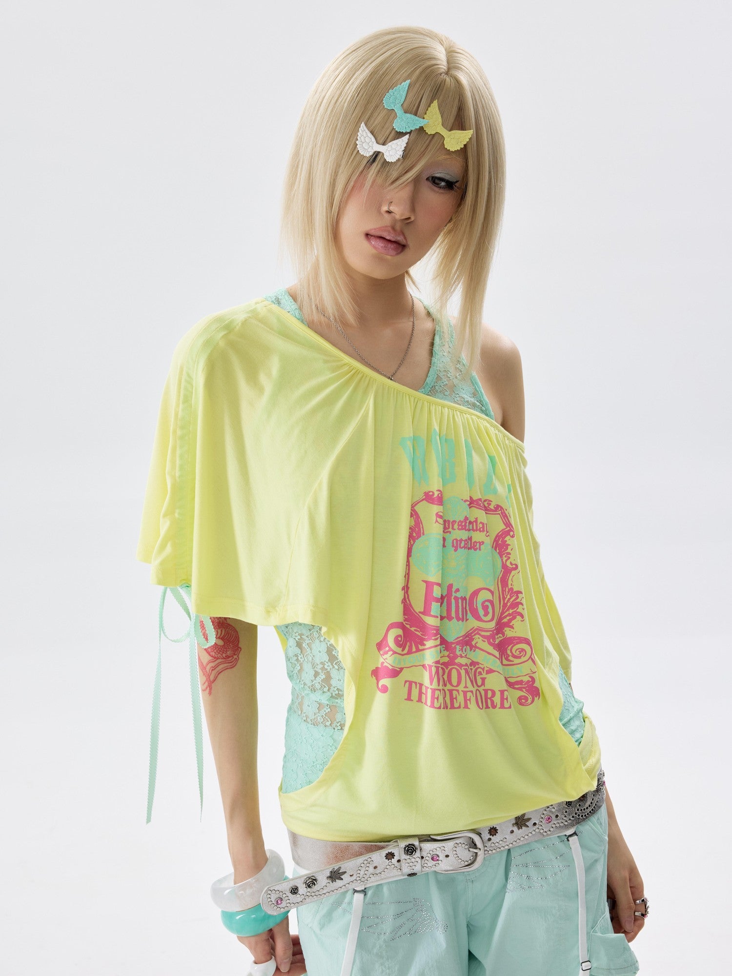 NONAME SPACE Two Tone Loose Layered One Shoulder Print Short Sleeve Women&