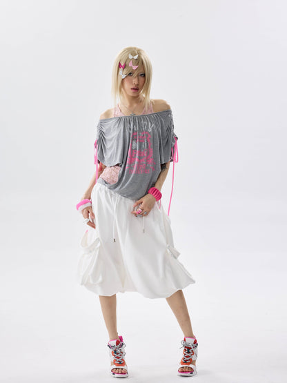 NONAME SPACE Two Tone Loose Layered One Shoulder Print Short Sleeve Women&
