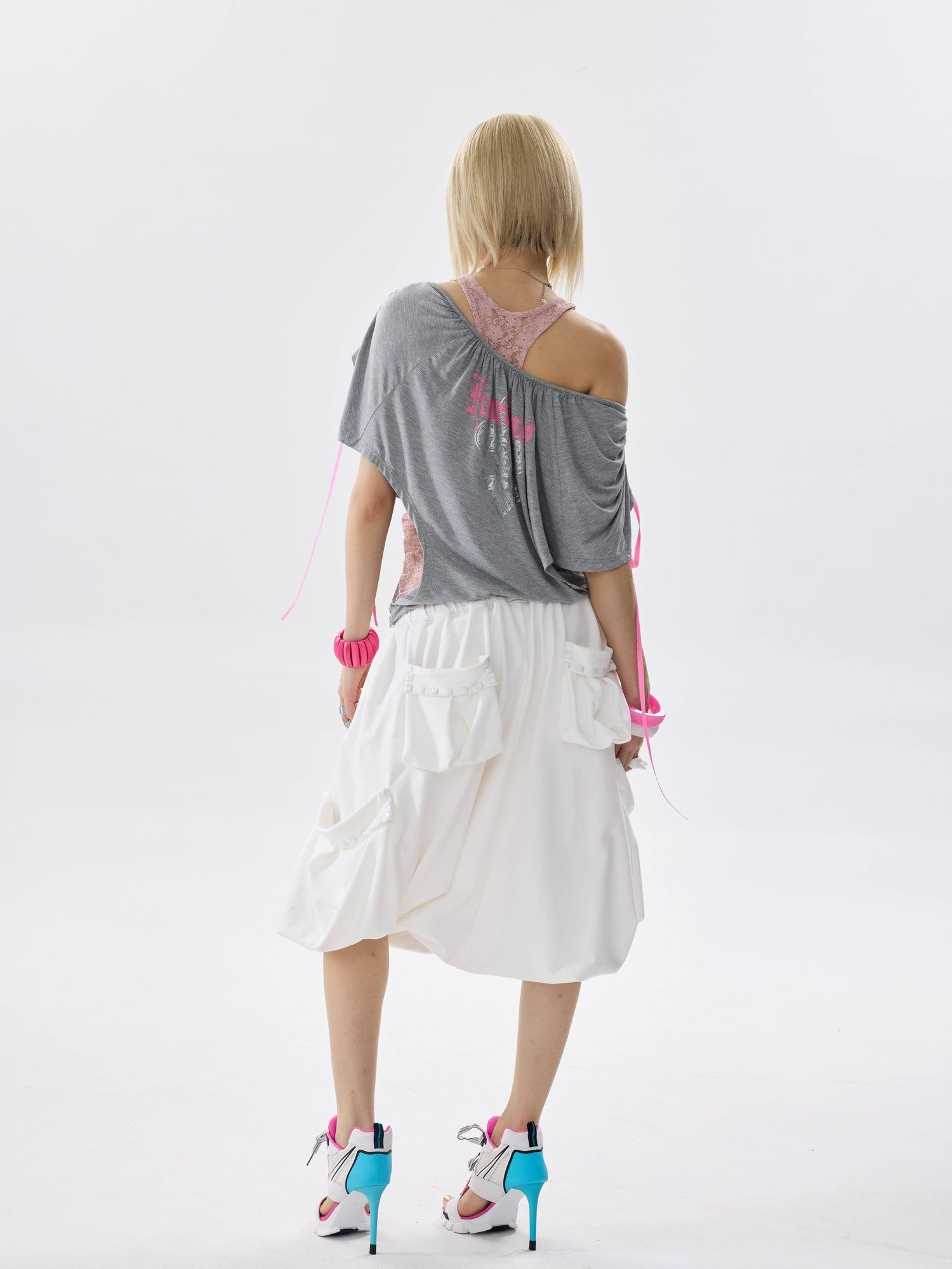 NONAME SPACE Two Tone Loose Layered One Shoulder Print Short Sleeve Women&