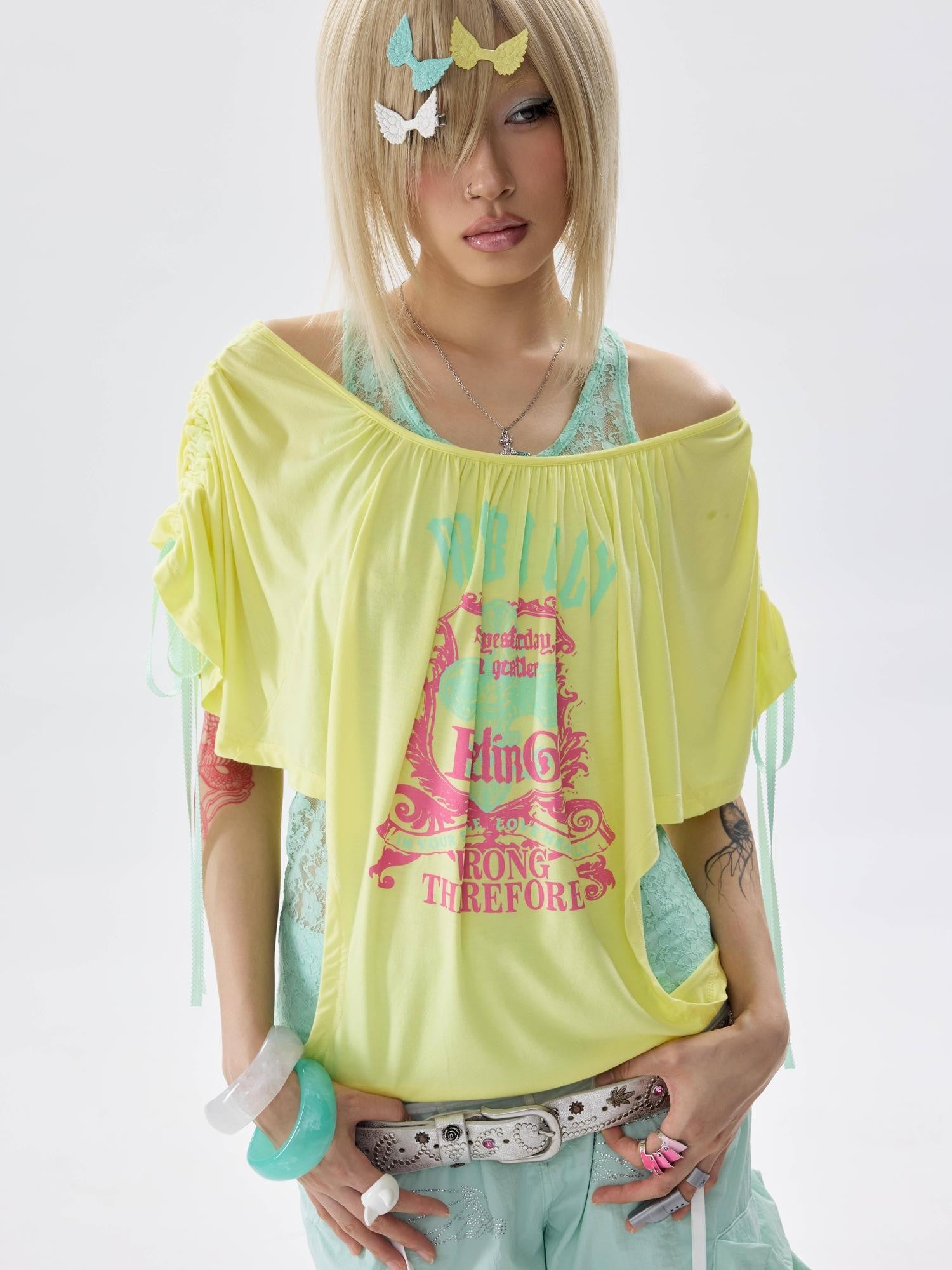 NONAME SPACE Two Tone Loose Layered One Shoulder Print Short Sleeve Women&