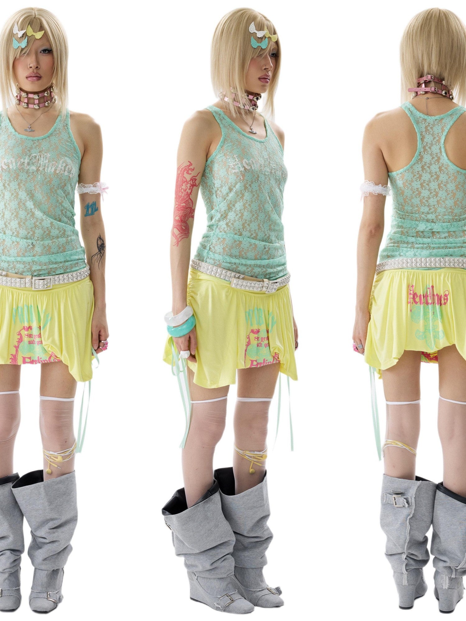 NONAME SPACE Two Tone Loose Layered One Shoulder Print Short Sleeve Women&