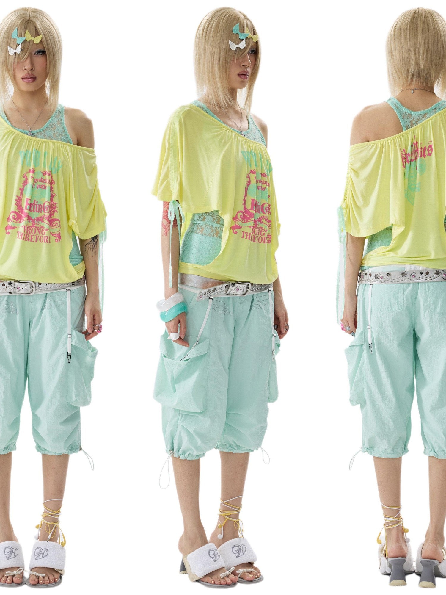 NONAME SPACE Two Tone Loose Layered One Shoulder Print Short Sleeve Women&