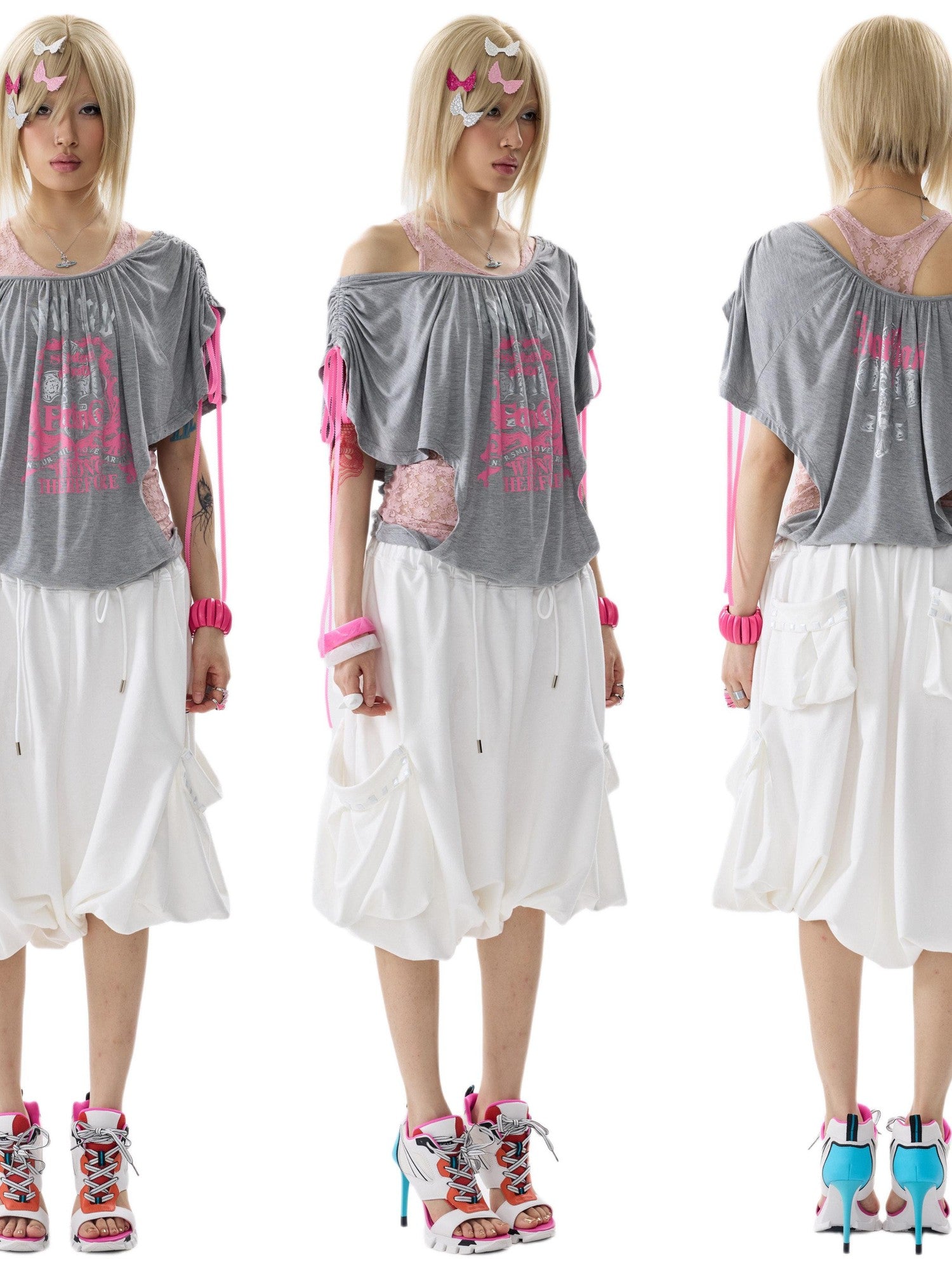 NONAME SPACE Two Tone Loose Layered One Shoulder Print Short Sleeve Women&