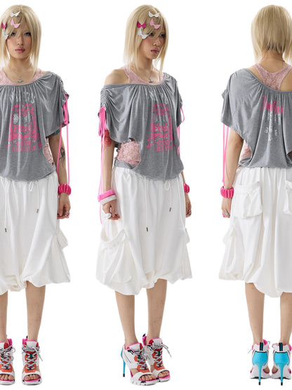 NONAME SPACE Two Tone Loose Layered One Shoulder Print Short Sleeve Women&