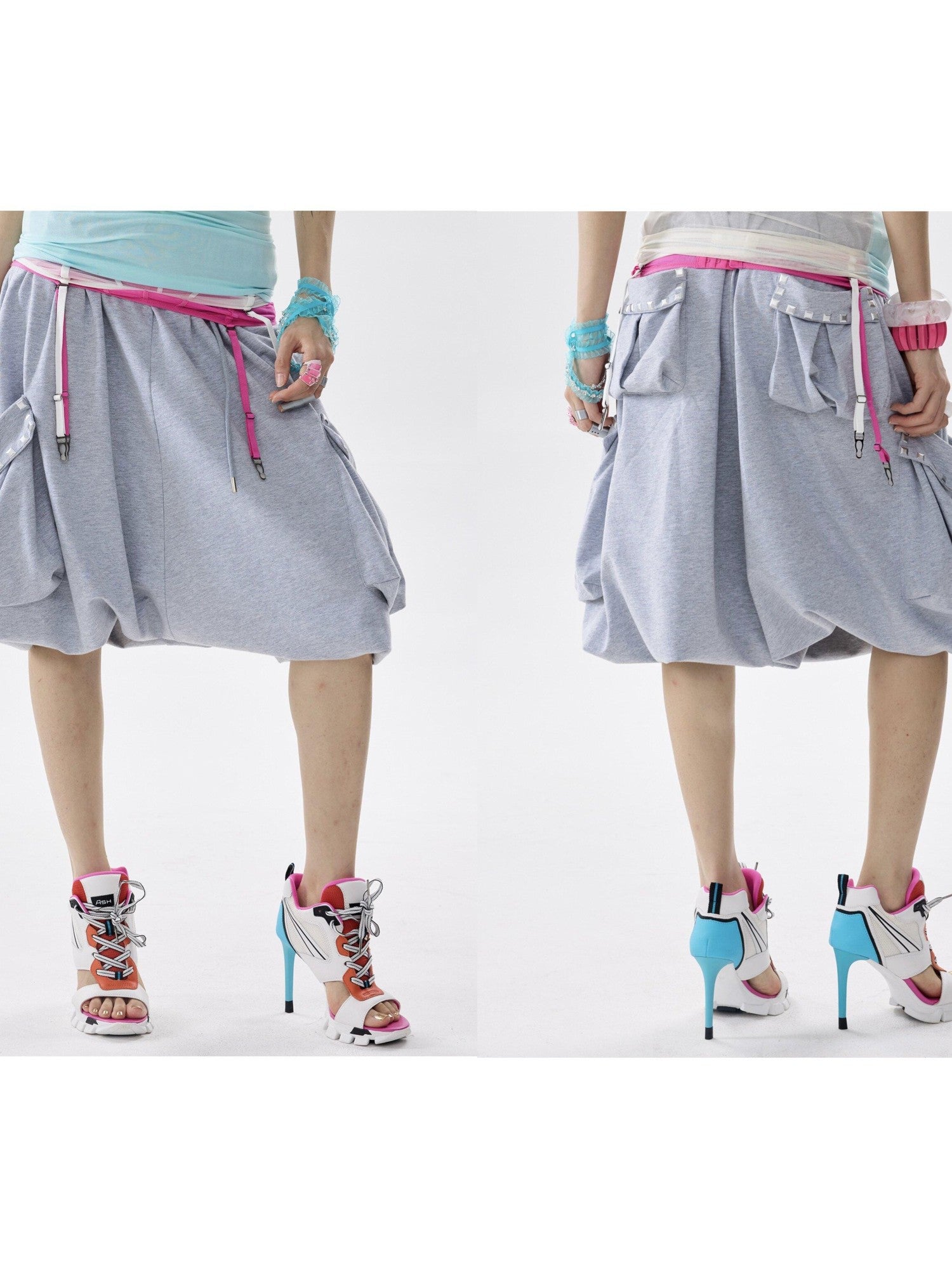 NONAME SPACE Two Tone Plaid Patch Studded Low Rise Drawcord Women&