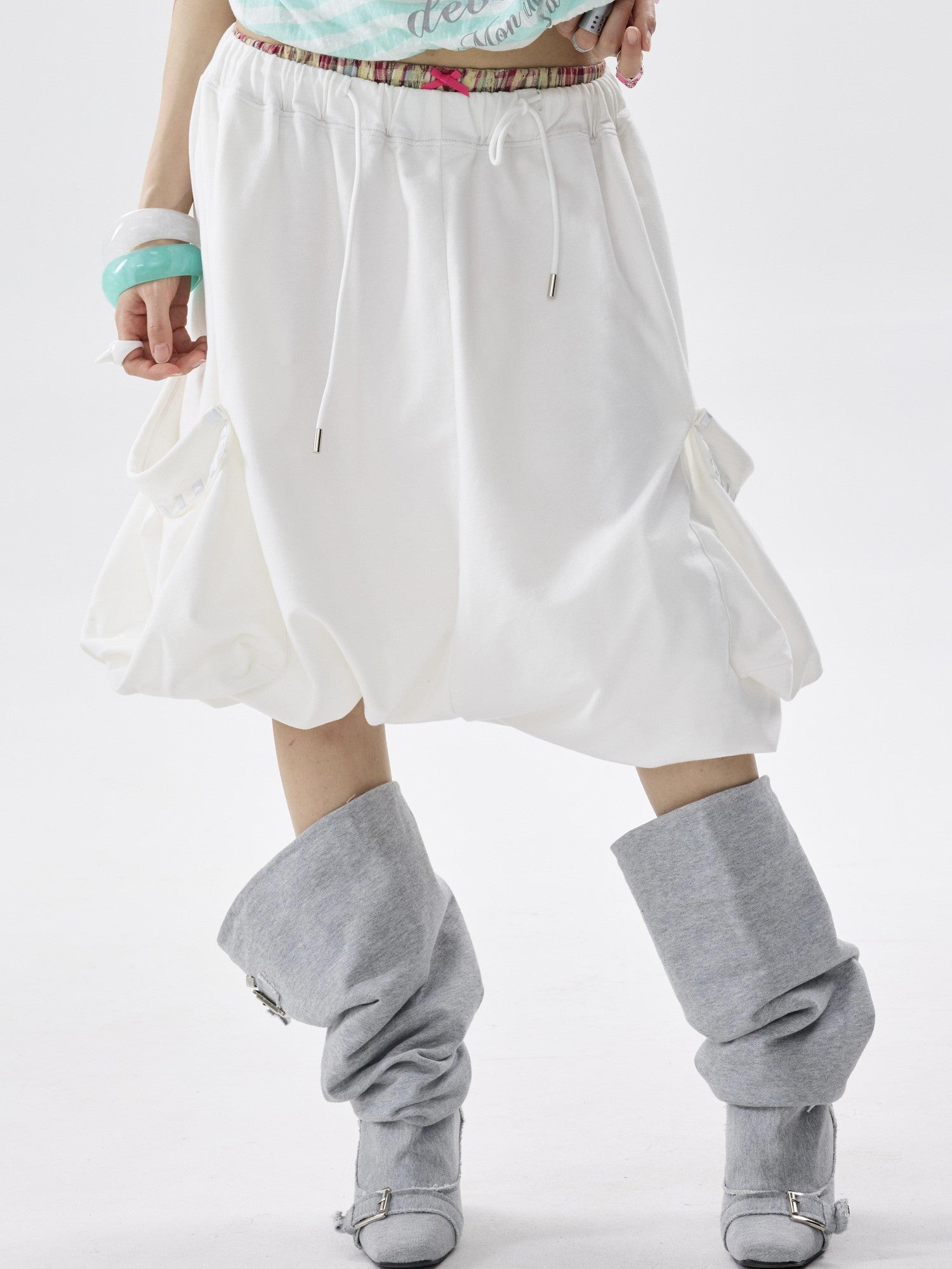 NONAME SPACE Two Tone Plaid Patch Studded Low Rise Drawcord Women&