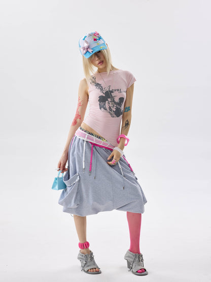 NONAME SPACE Two Tone Plaid Patch Studded Low Rise Drawcord Women&