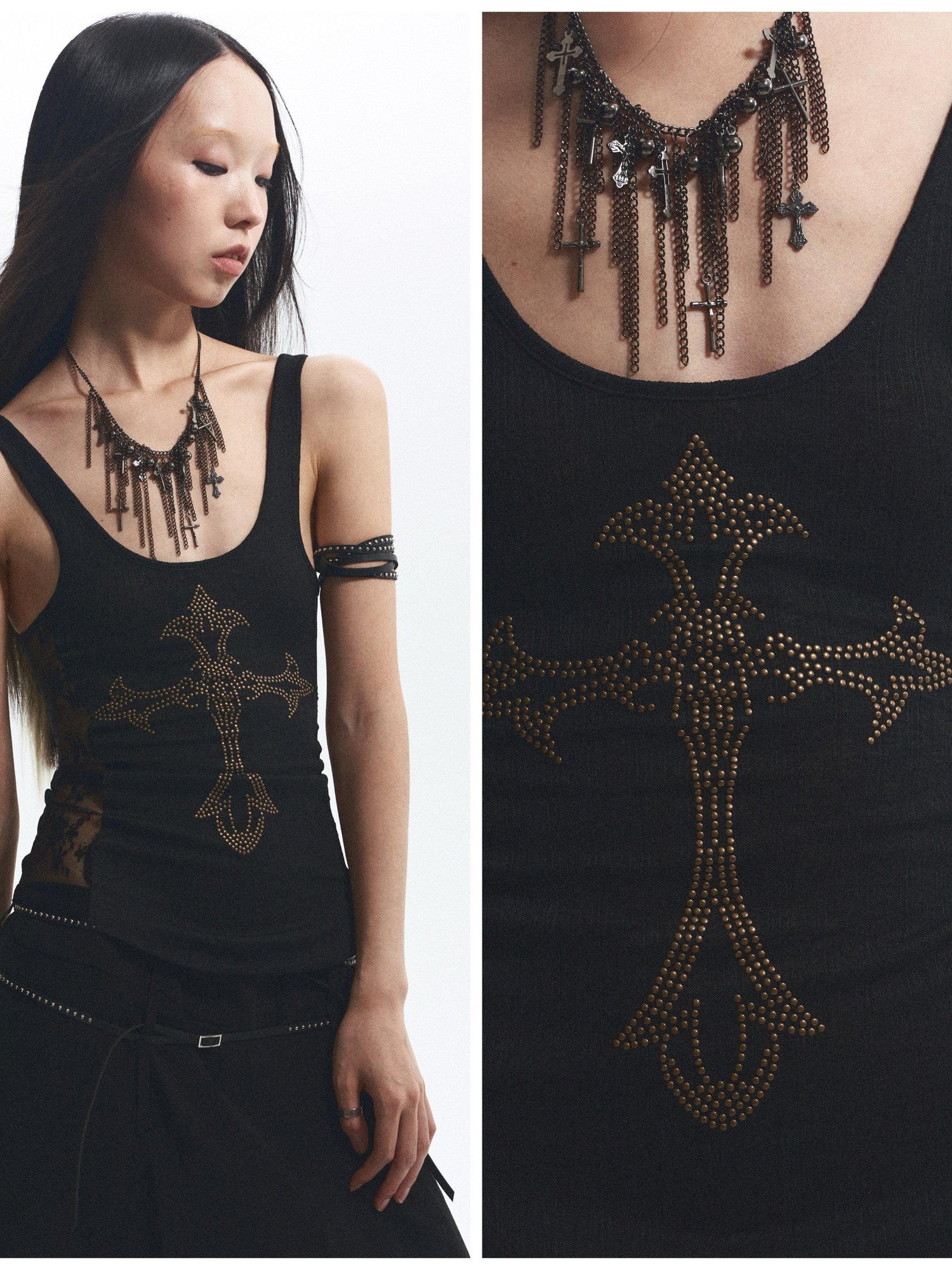 NONAME SPACE Two Tone Rhinestone Lace Embroidered Curved Raw Edge Women&